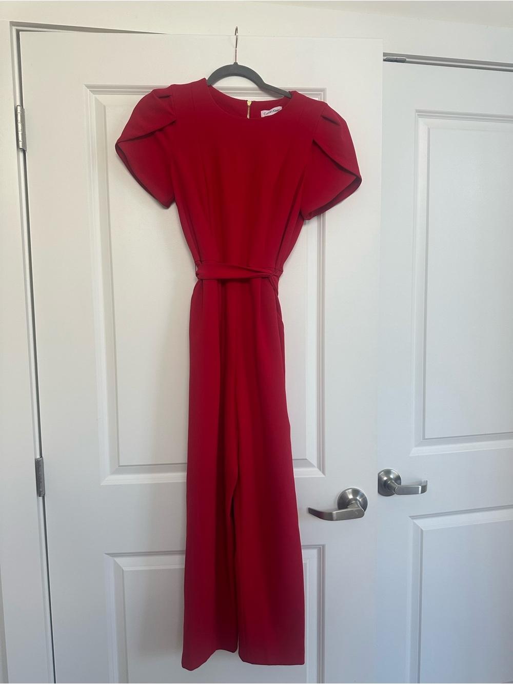 Calvin Klein Womens Red Tulip Sleeve Belted Jumpsuit
